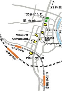 お店への周辺地図。近鉄伊勢市駅より23号線方面（北）徒歩7分。